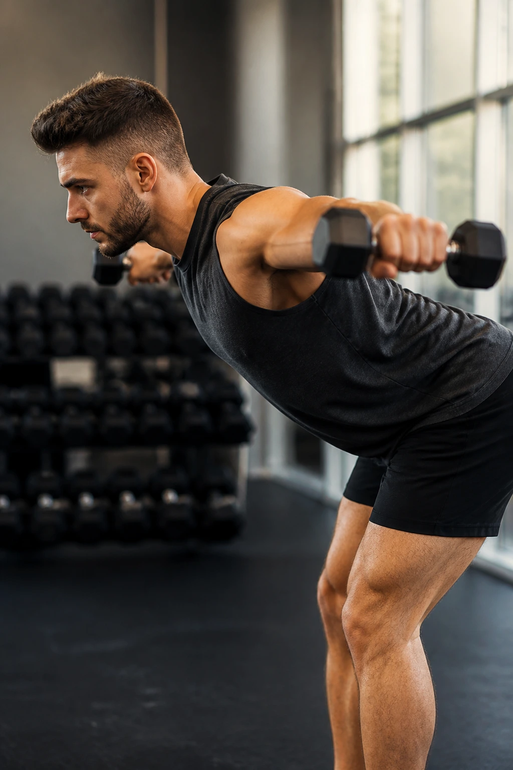 Bent-over reverse fly performed by a real person in a gym, rear delts engaged