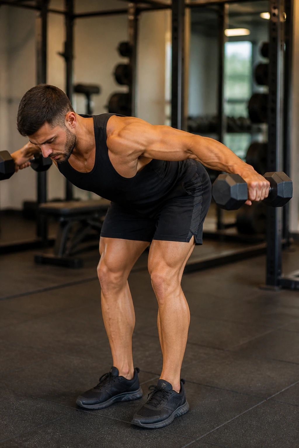 Medium-close portrait of a person performing Bent-Over Rear Delt Fly in a gym
