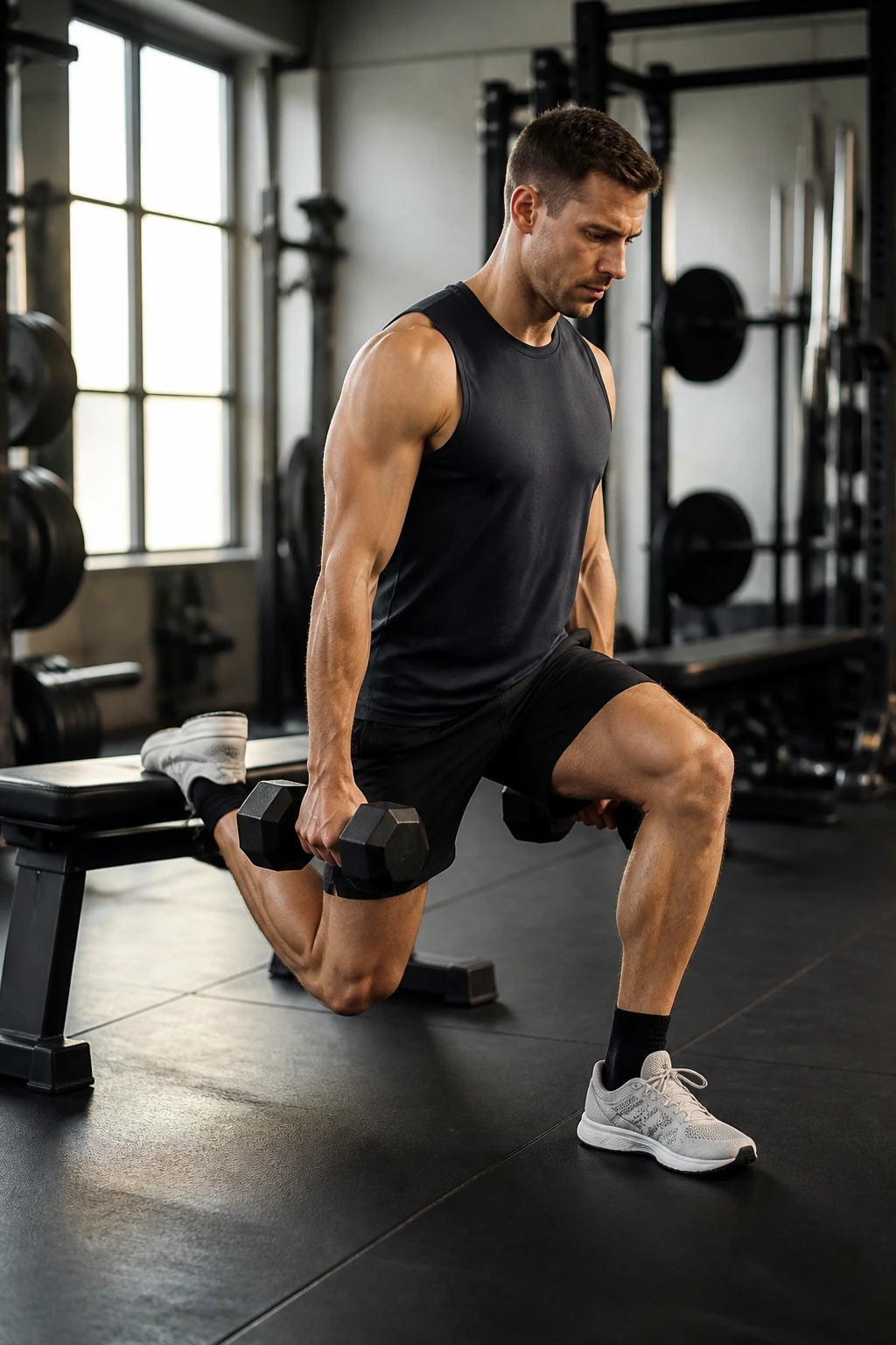 Runner in rear-foot elevated split squat for marathon support