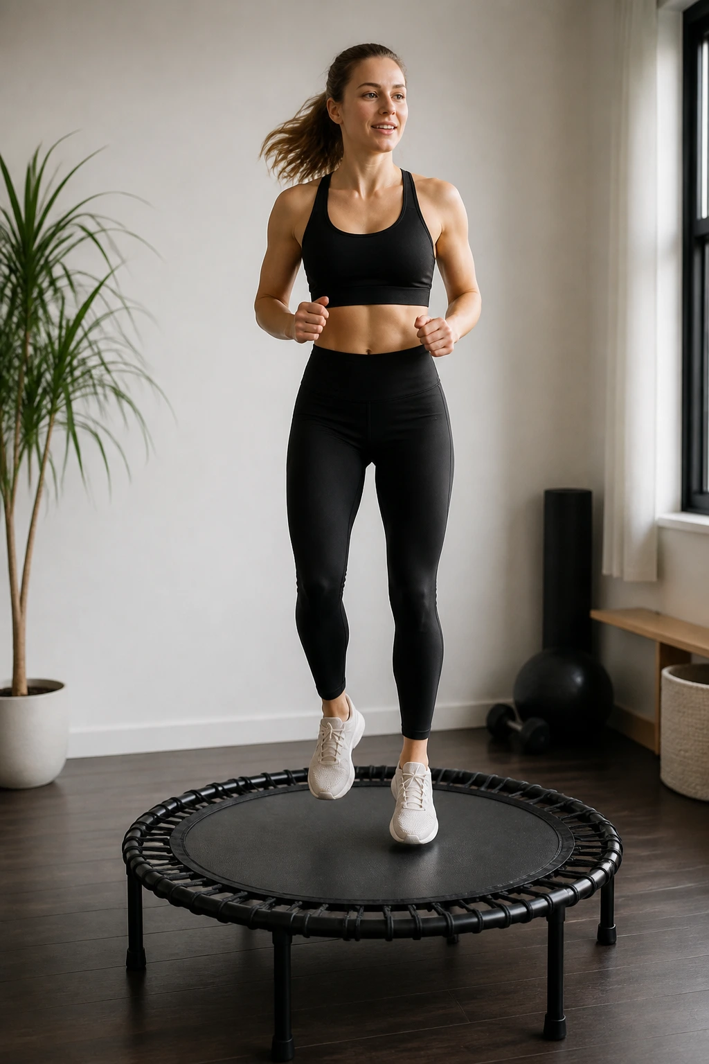 Person bouncing on a mini-trampoline for low-impact cardio at home