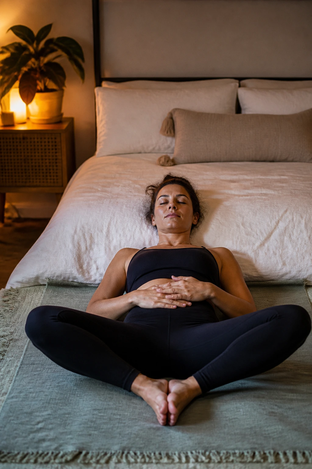 Person in reclined butterfly pose for pre-sleep calm-down