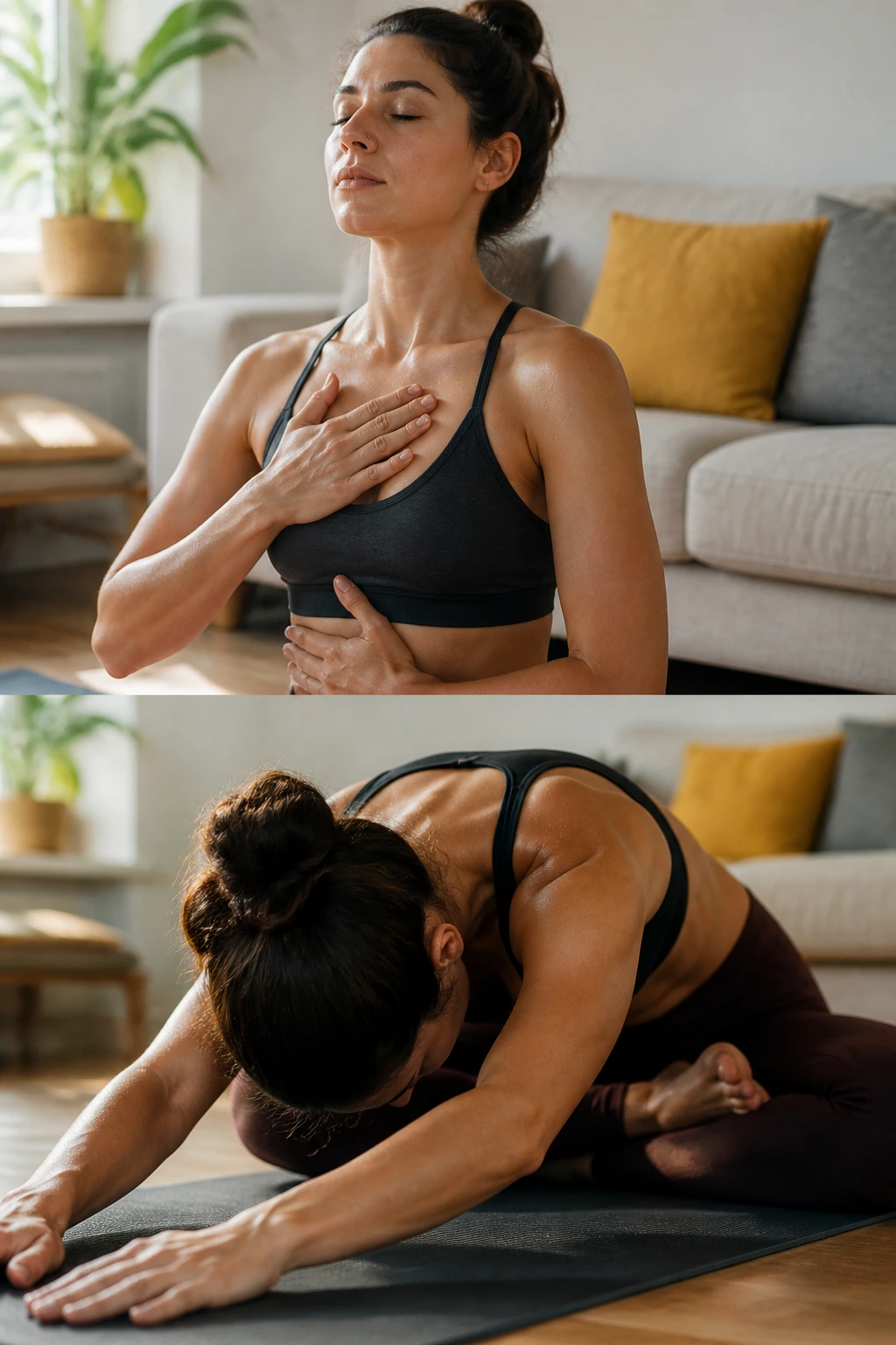Close-up of a person performing recovery breathing and stretches in a cozy living room