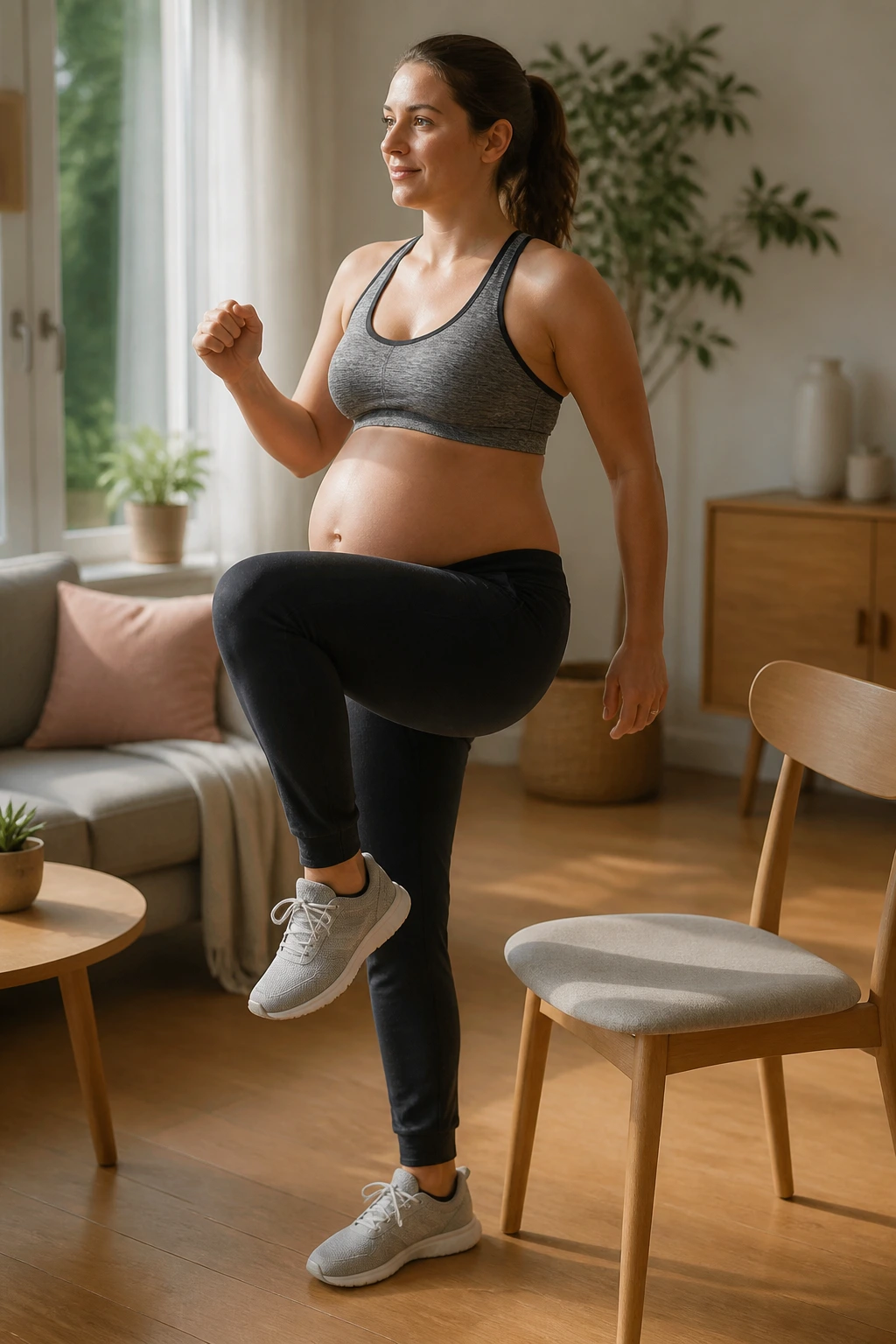 Person performing a gentle recovery circuit in a bright living room