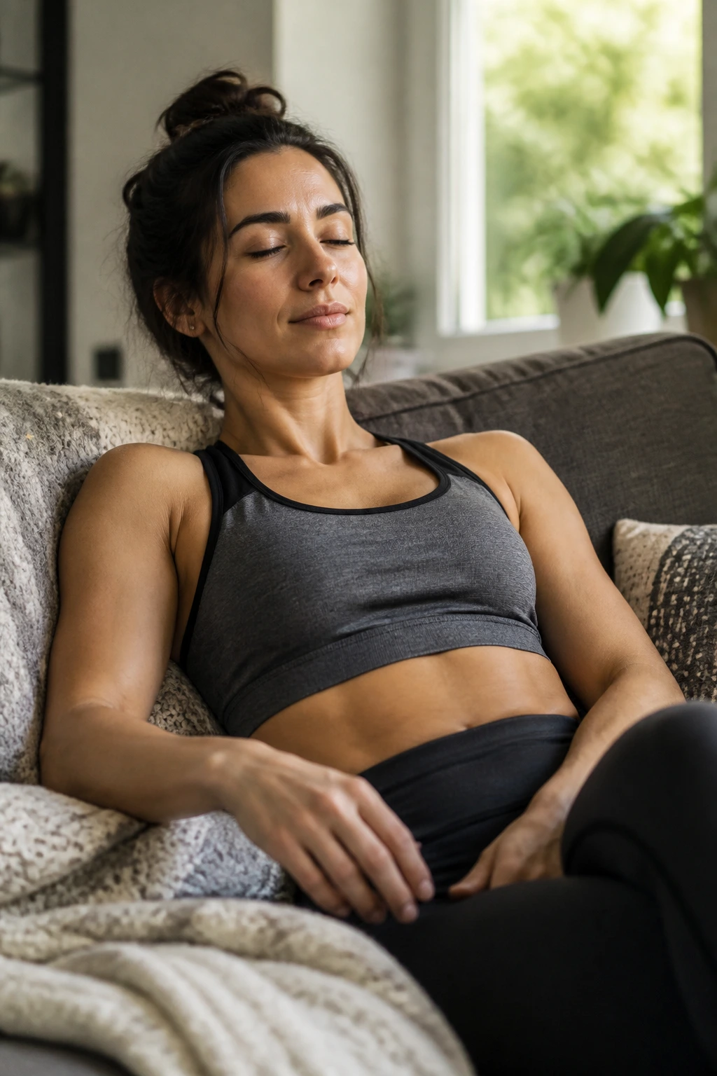 Medium close-up of a person resting on a sofa in a living room.