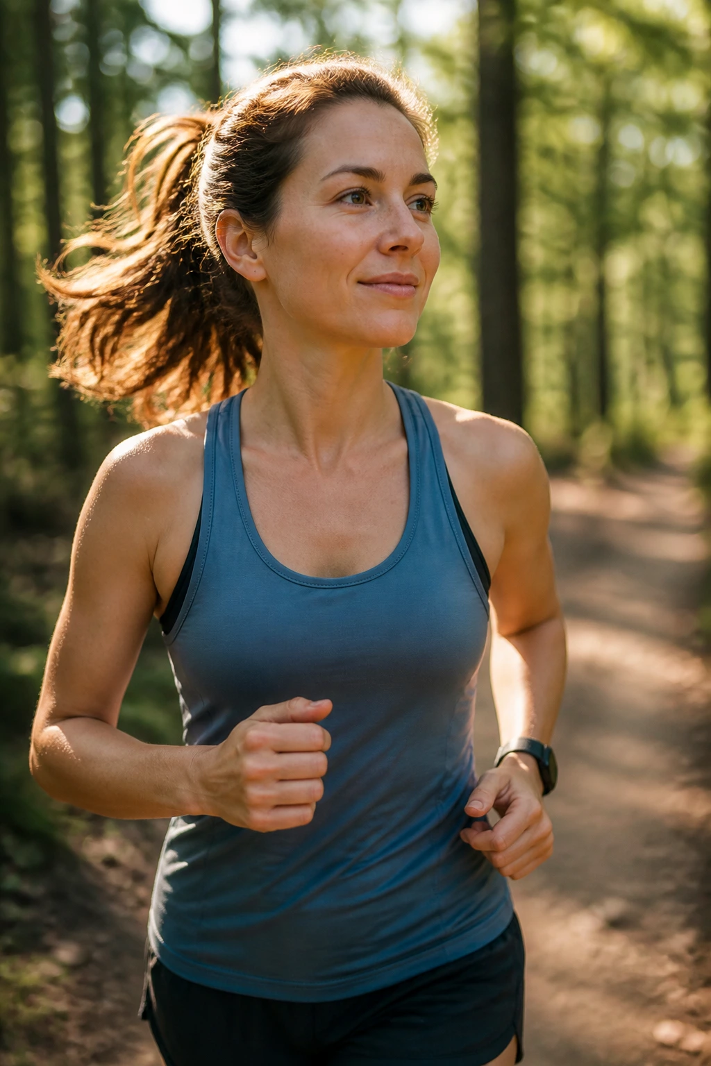 Close-up of a real runner on a sunlit forest trail, recovery-focused running