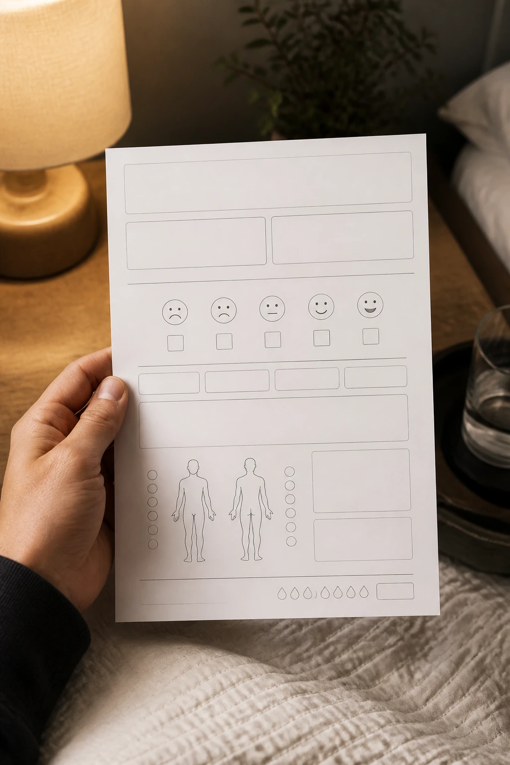 Close-up of a rest and sleep tracker page in a calm bedroom setting
