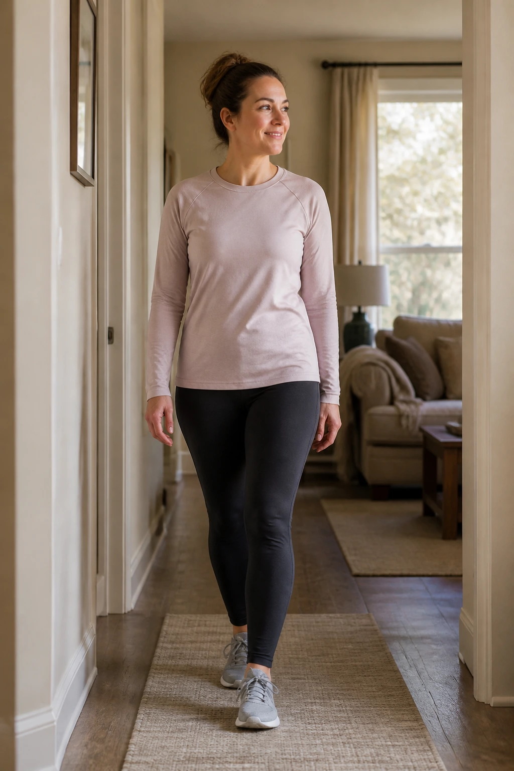 Person walking slowly in a hallway with gentle stretches