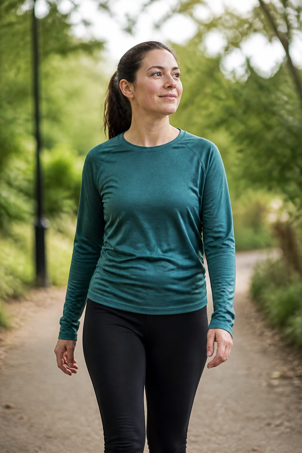 Medium-close shot of a person walking peacefully on a park trail