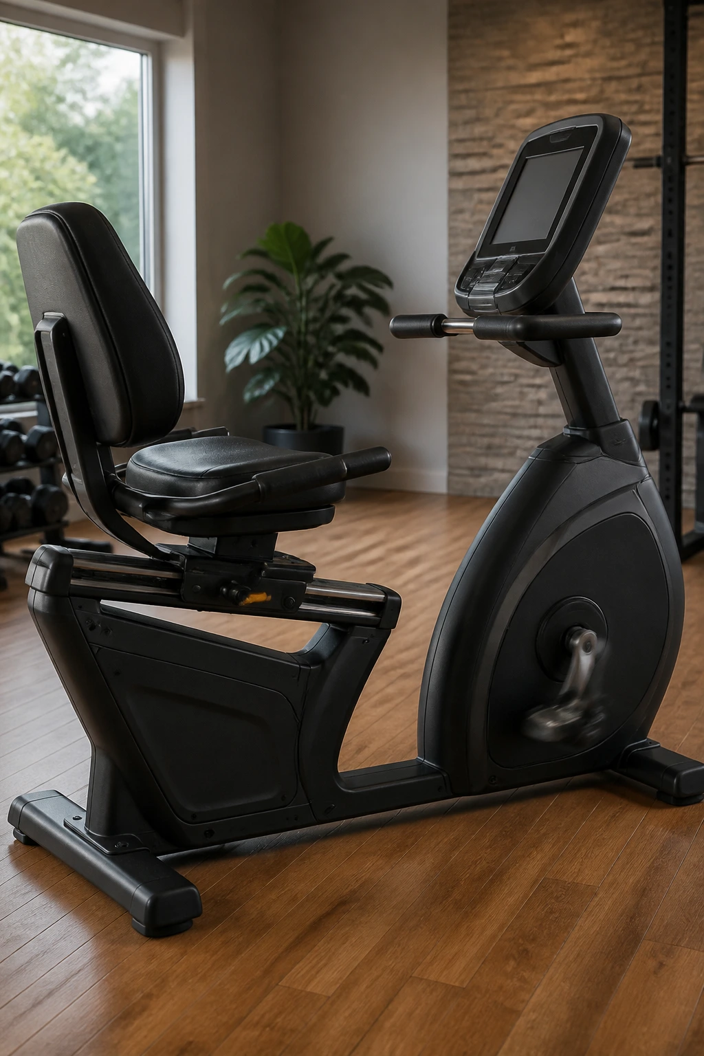 Close-up of a stationary recumbent bike in a home gym showing backrest and pedals.