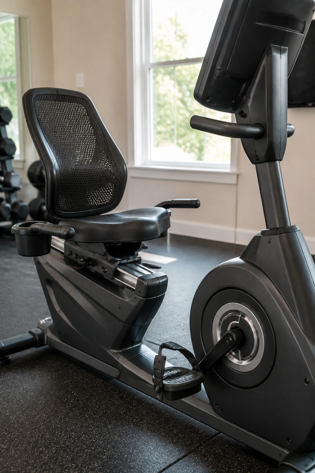 Recumbent bike dominating the frame in a home gym
