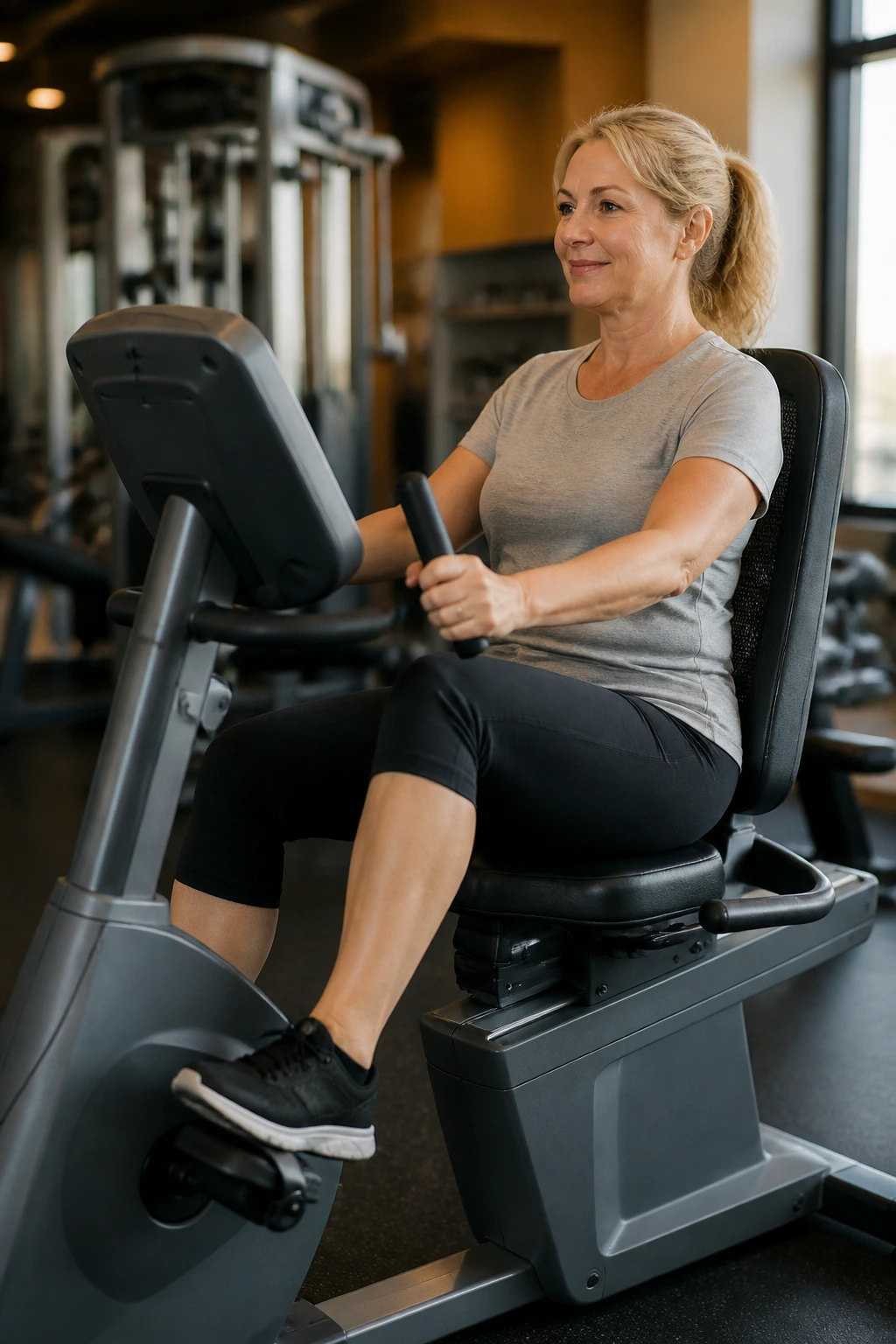 Real person riding a recumbent bike in a gym, seated with back supported.