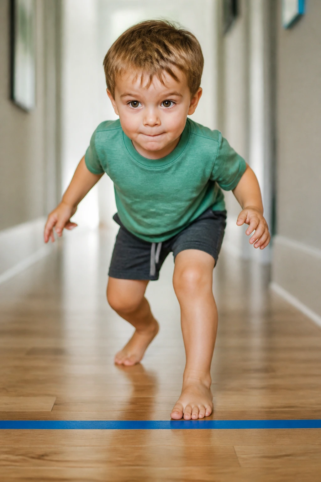 Toddler pausing mid-freeze during a red light green light game in a hallway