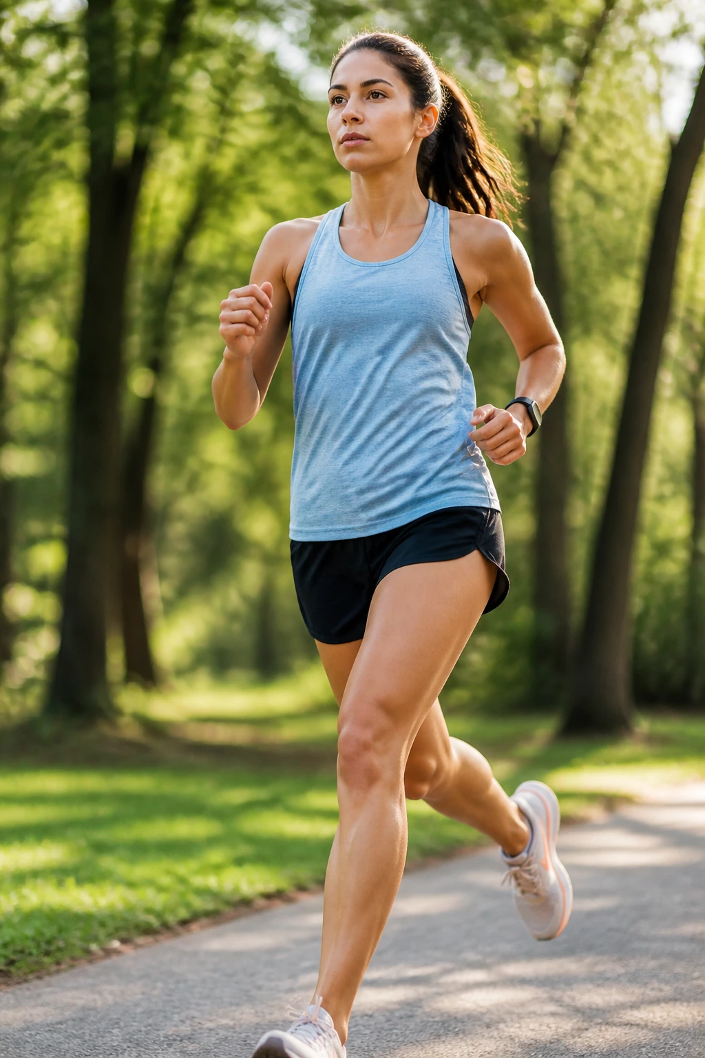 Runner in a relaxed stride on a sunlit park path