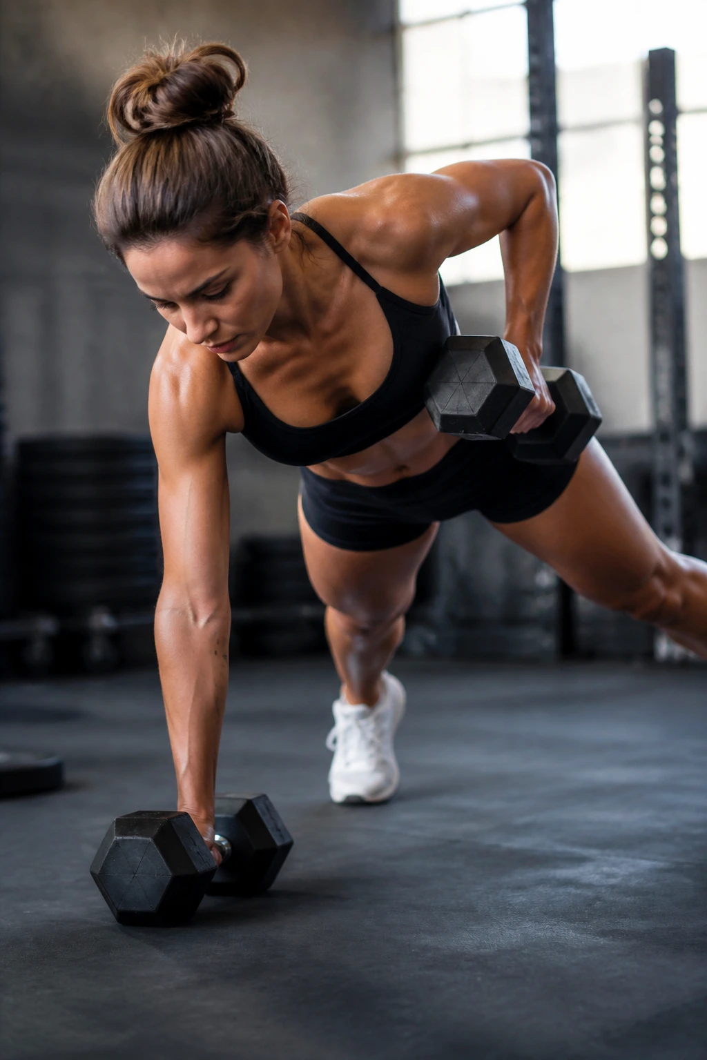 Medium close-up of athlete performing renegade row showing core stability