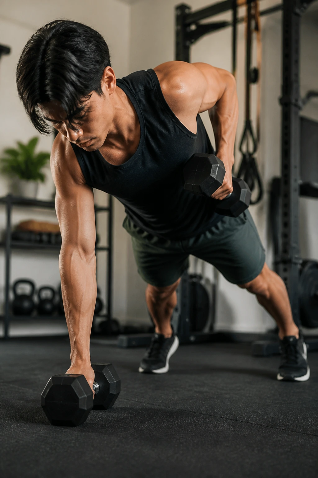 High-plank renegade row showing core, shoulder, and arm engagement