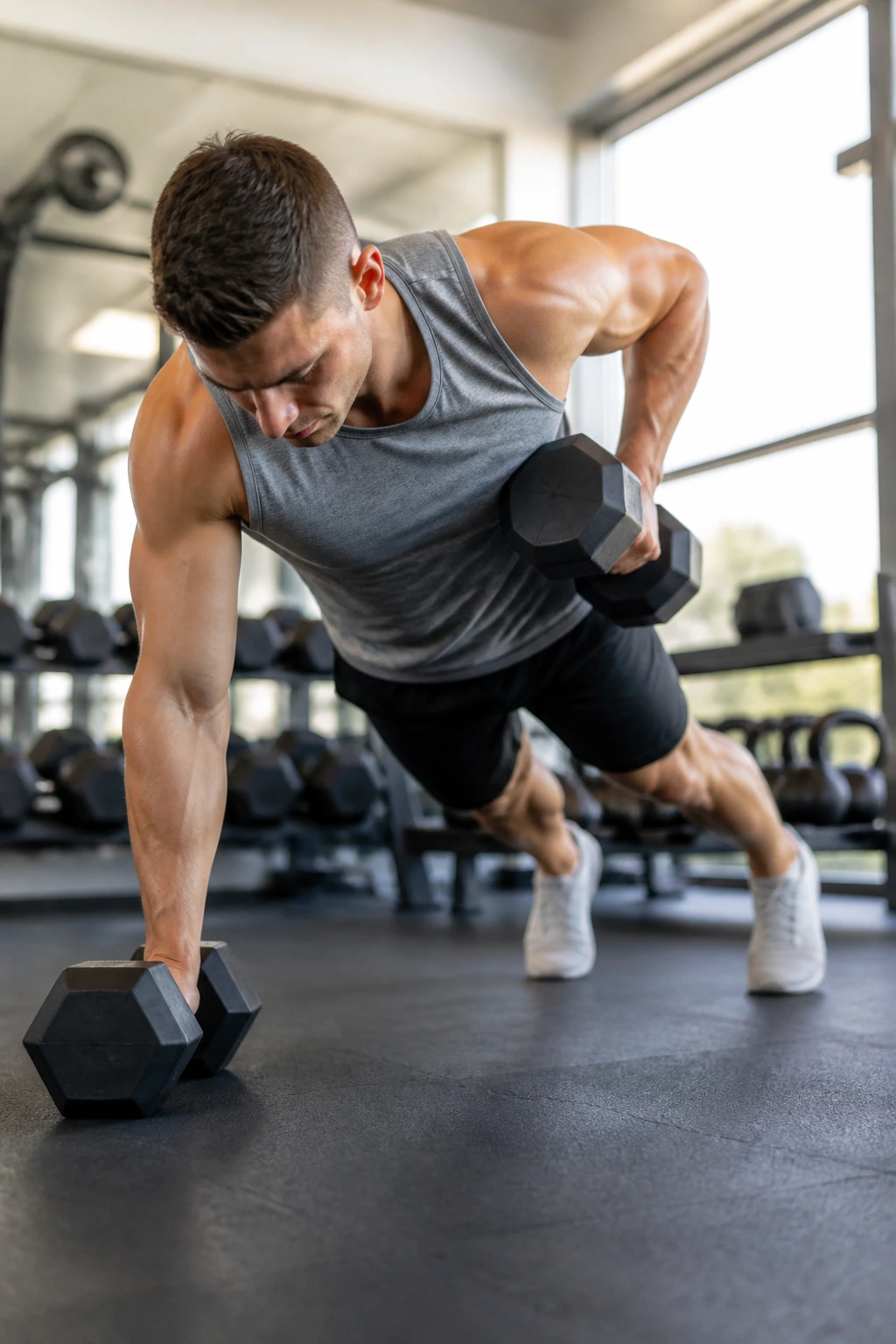 Person performing renegade row with dumbbells, maintaining a stable torso in a gym.