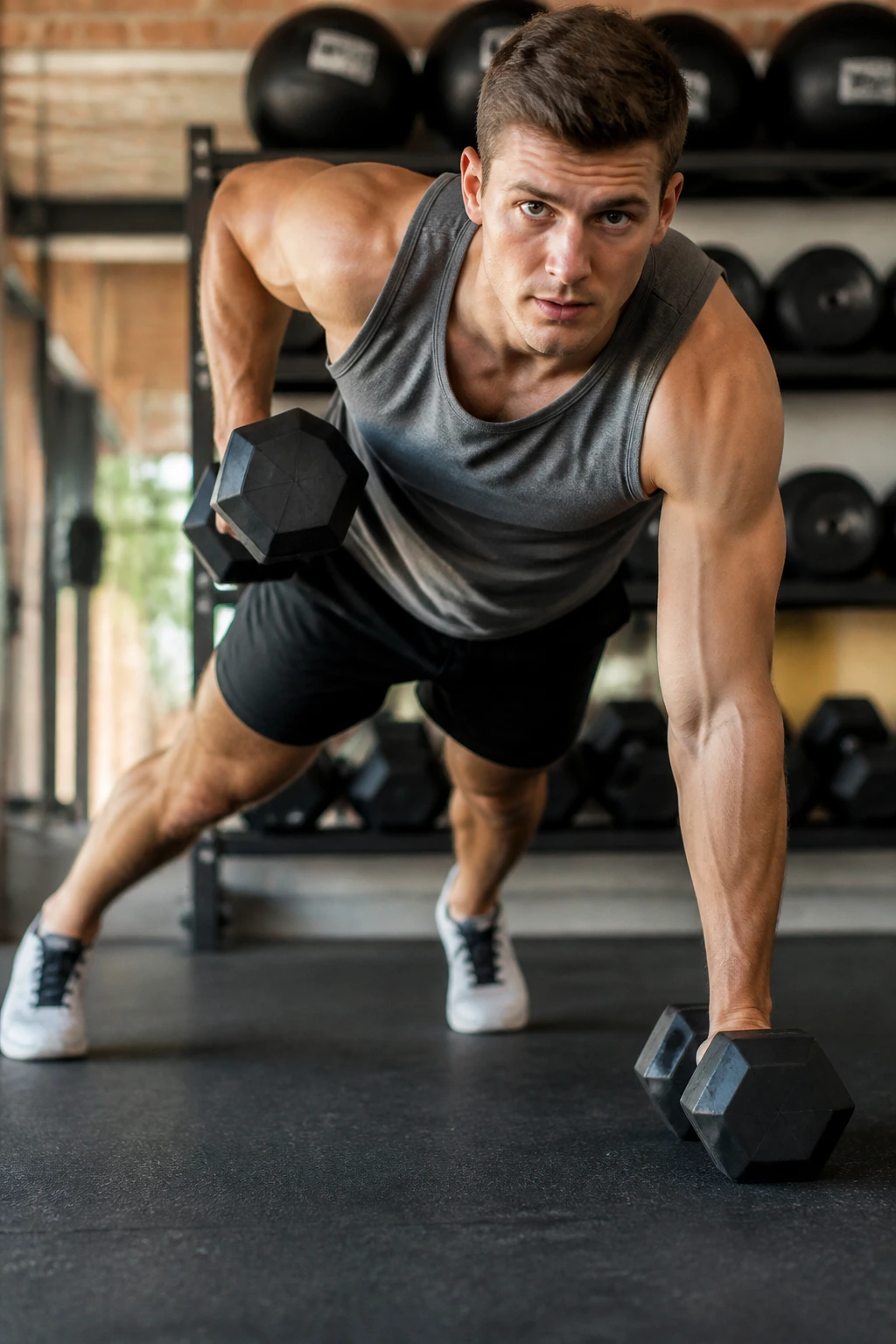 Front view of a person doing a renegade row with a dumbbell