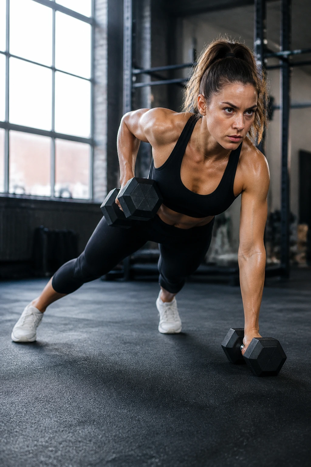 Person in plank renegade row position in gym