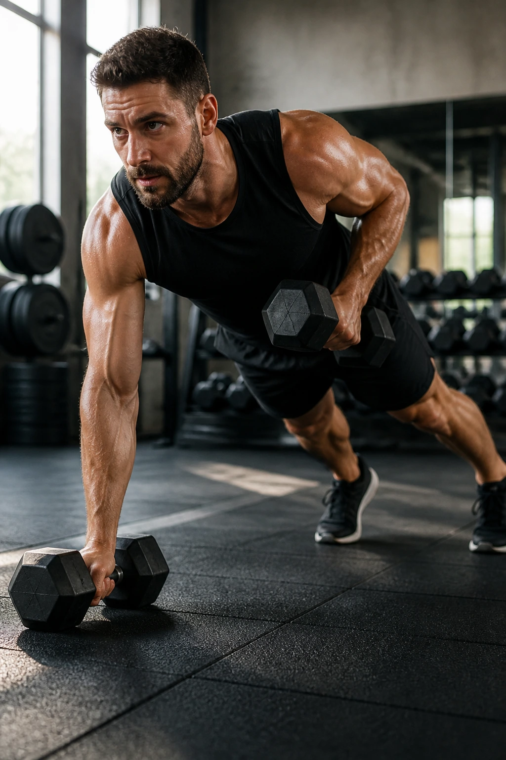 Real person performing renegade rows and shoulder taps in a gym, torso and arms in focus.