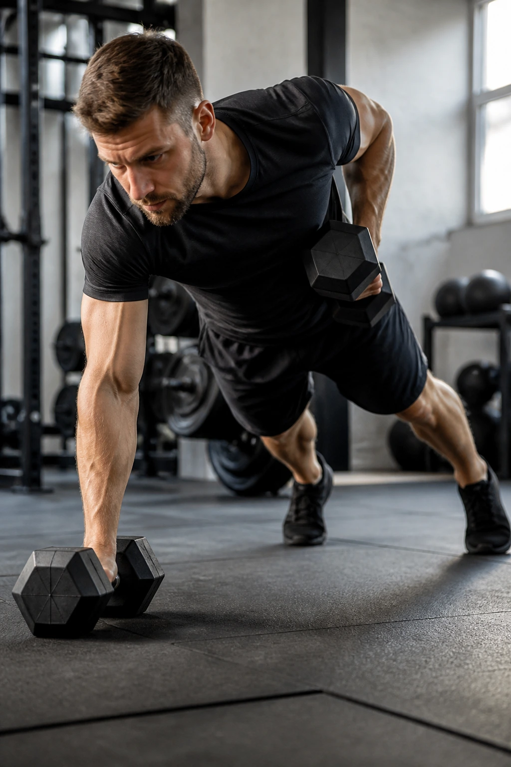 Mid-torso shot of Renegade Row Plank with dumbbells and rowing motion