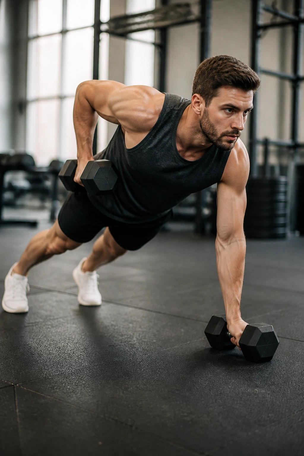 Athlete performing renegade rows in a plank with dumbbells in a gym