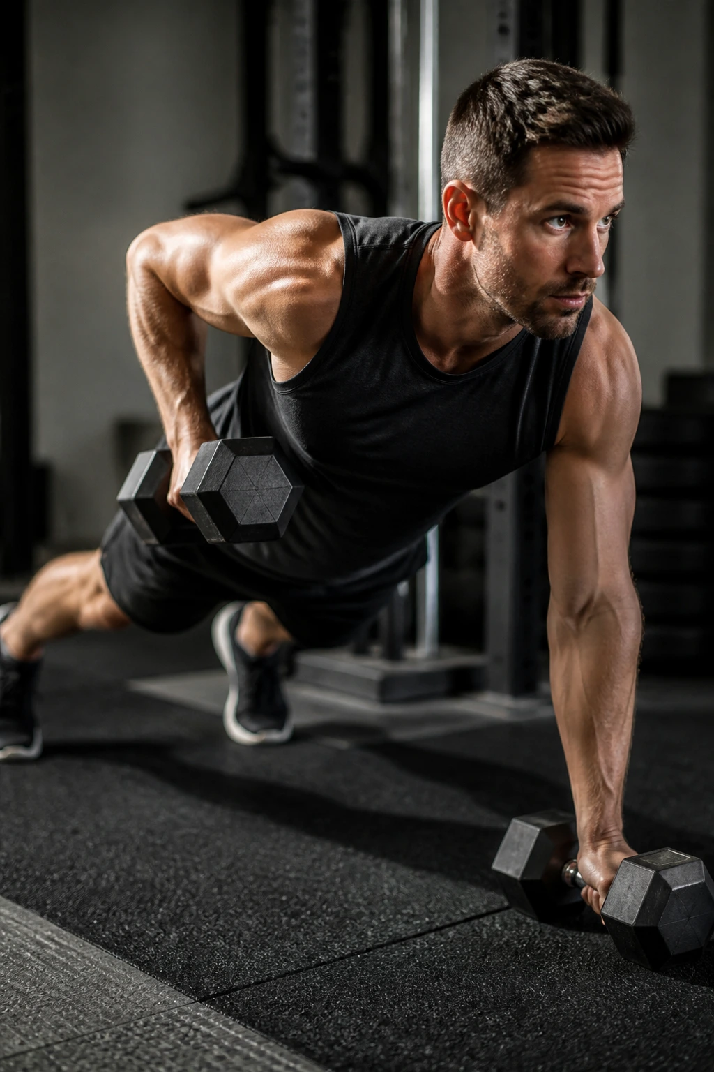 Person in high plank performing a renegade row with dumbbells in a gym.