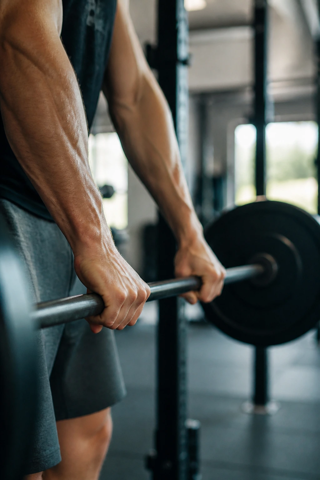 Close-up of a weightlifter's forearms gripping a barbell mid-rep in a gym