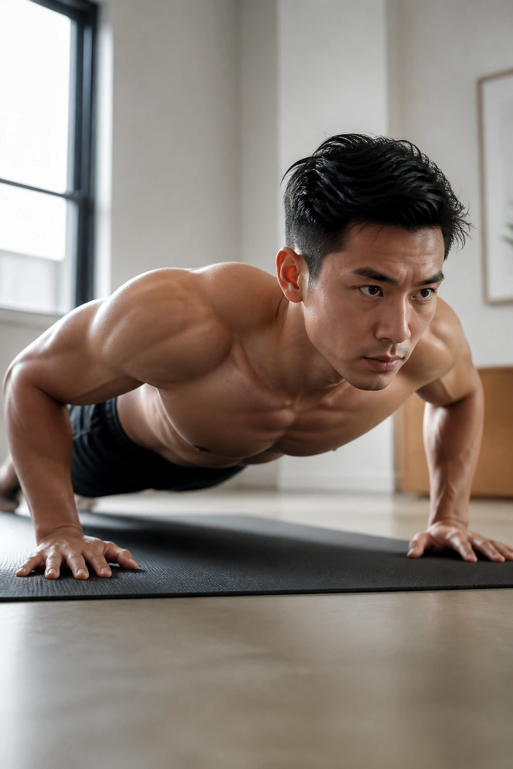 Mid-action shot of a person doing a push-up in a bright home gym