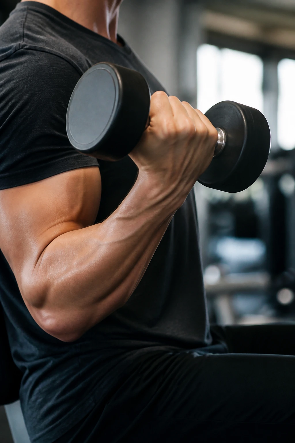Close-up of a lifter's forearm and dumbbell mid-rep during a bicep curl in a gym