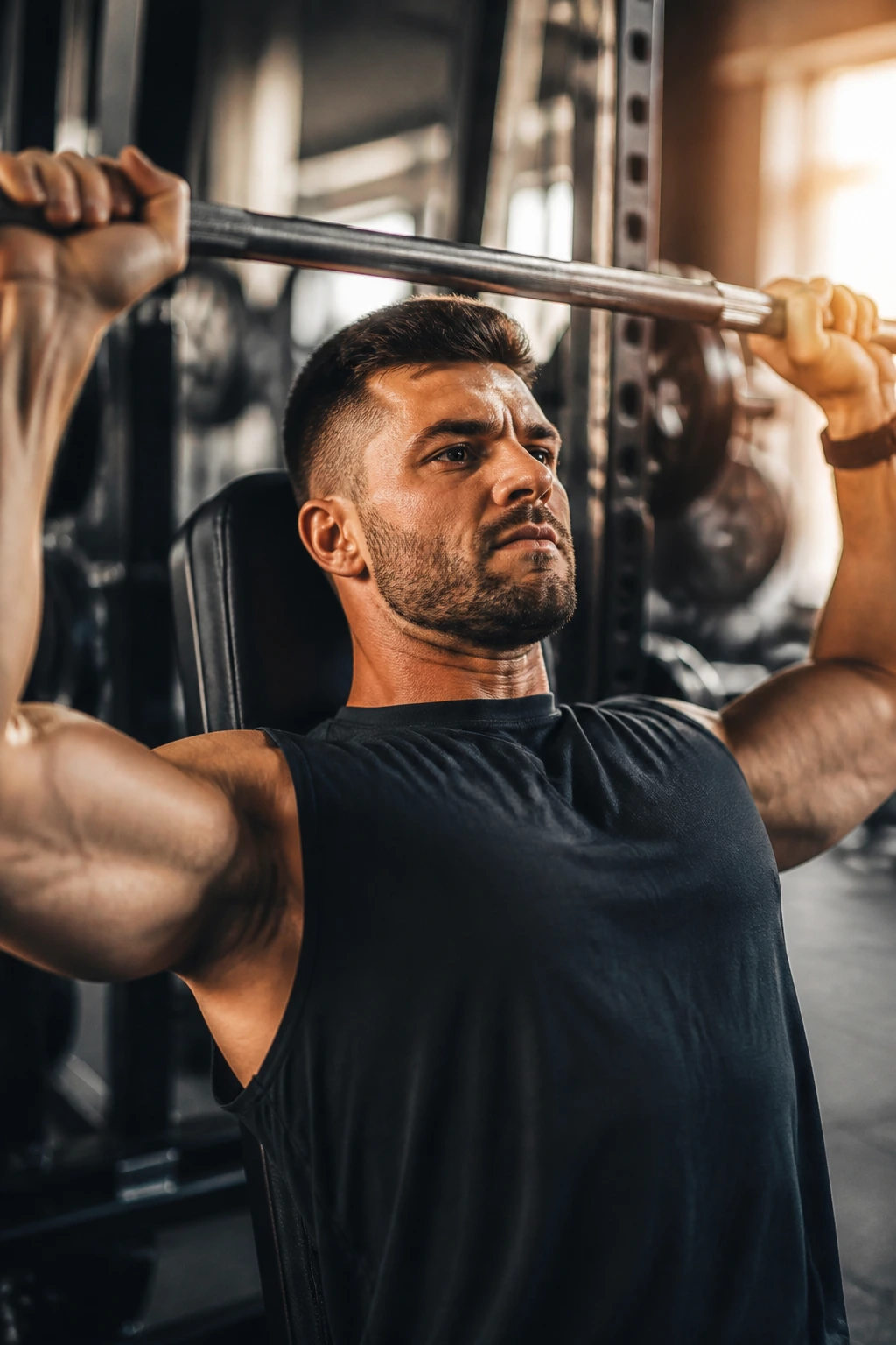 Close-up lifter focusing on reps with barbell in gym