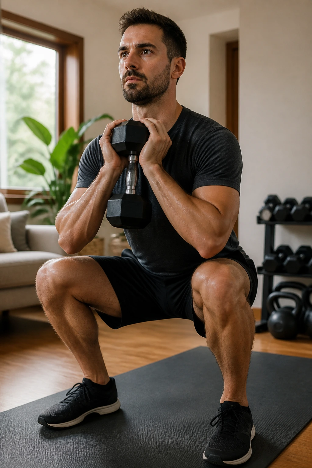 Real person performing a goblet squat in a home gym as part of a reset circuit