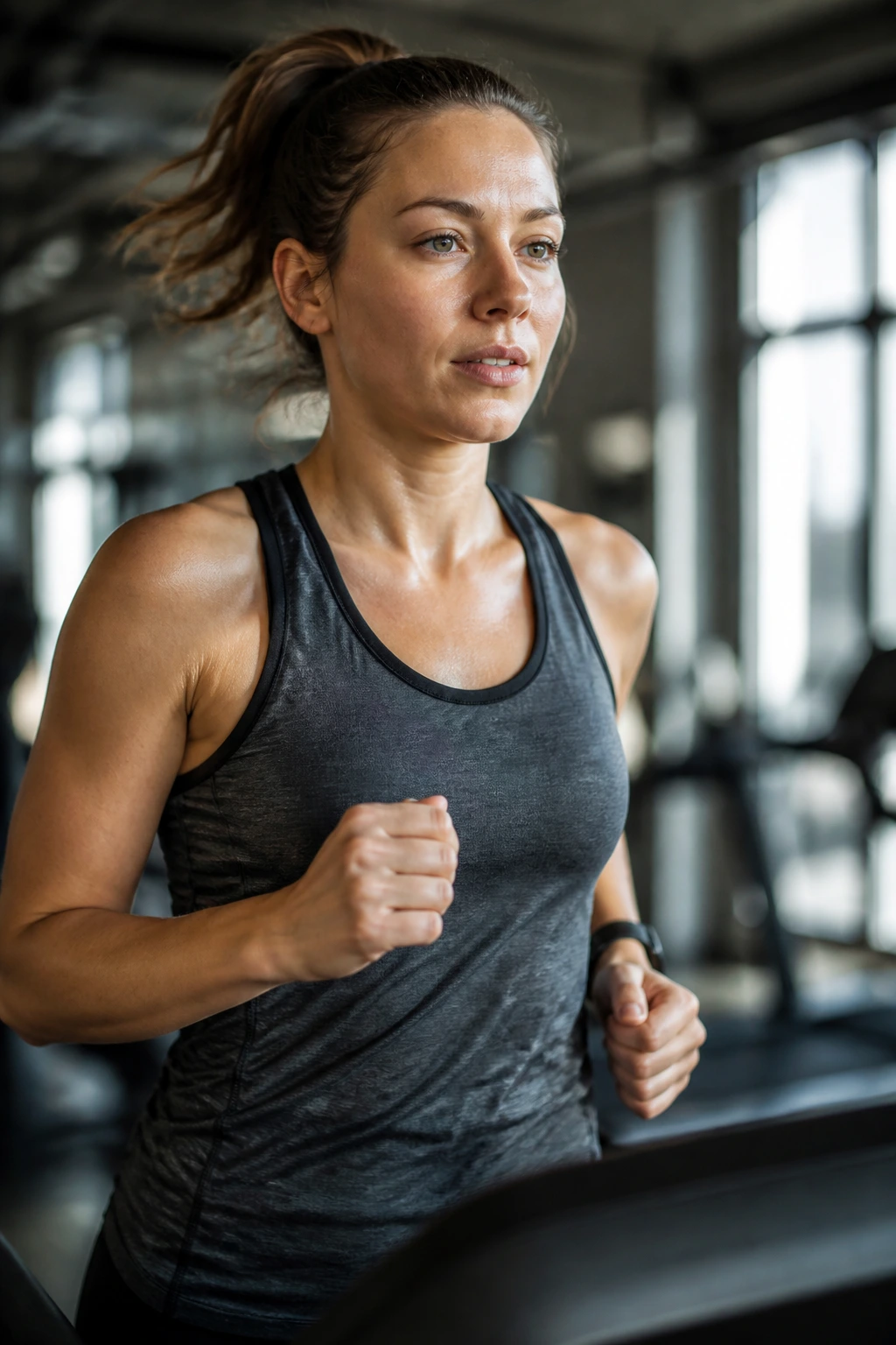 Runner easing back onto treadmill with light jog after a break.