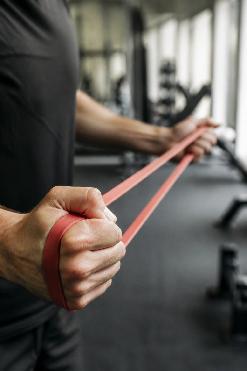 Hands gripping resistance band in gym