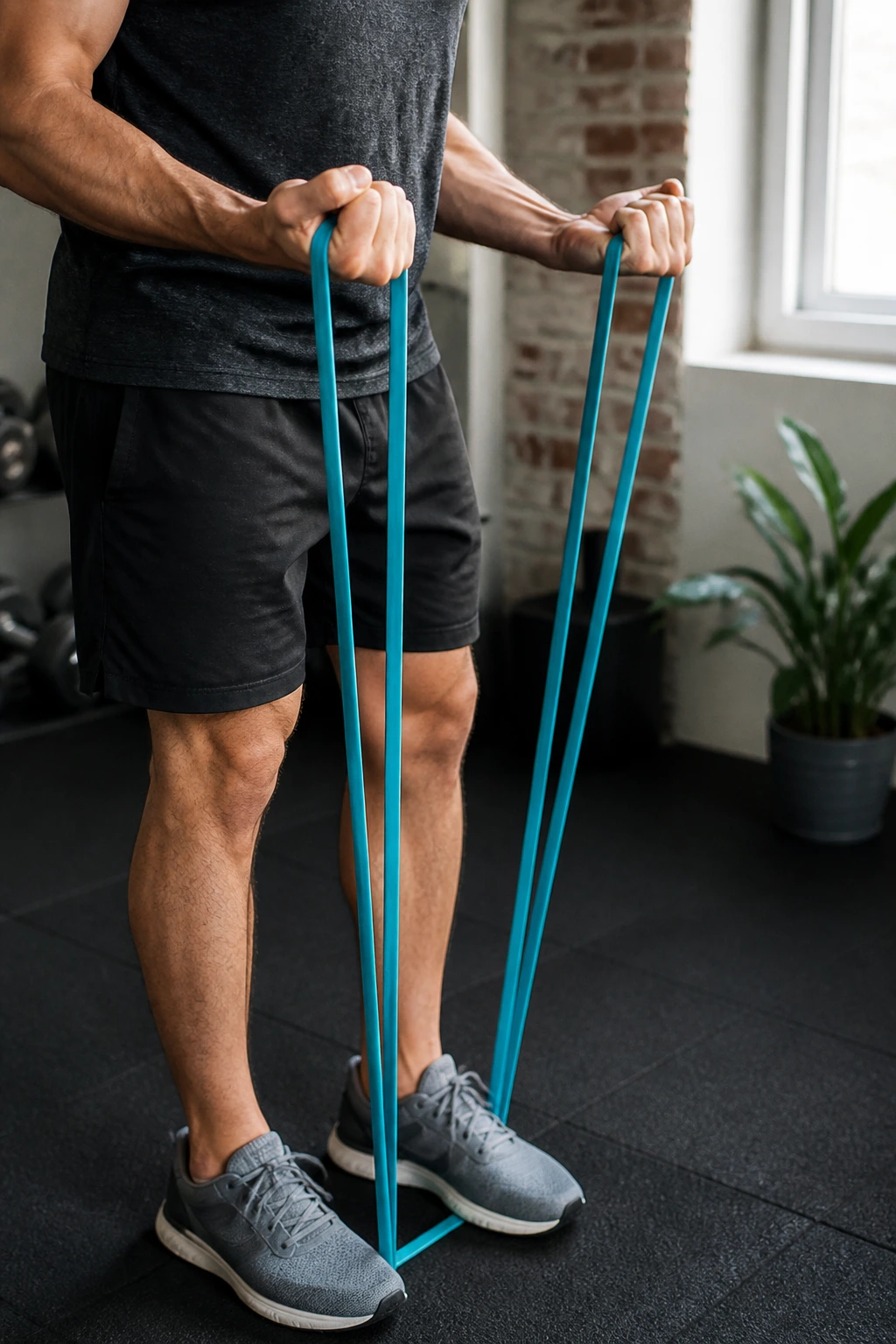 Hands gripping resistance band under tension performing curl in home gym