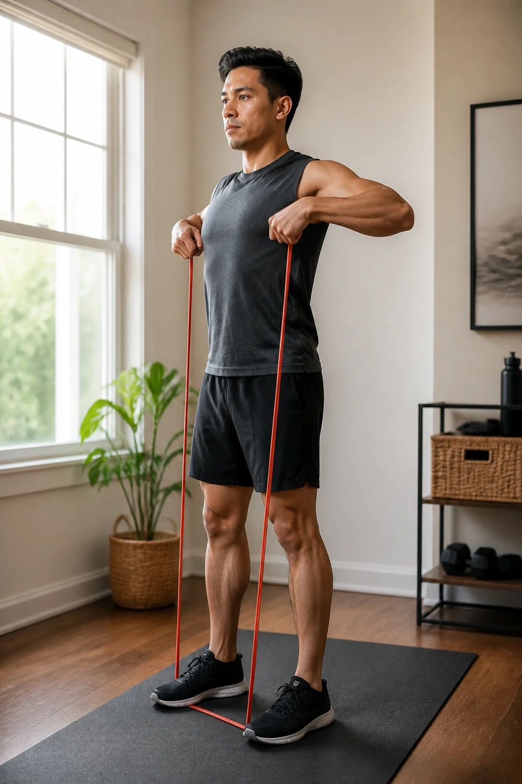 Person using resistance band for a full-body workout at home