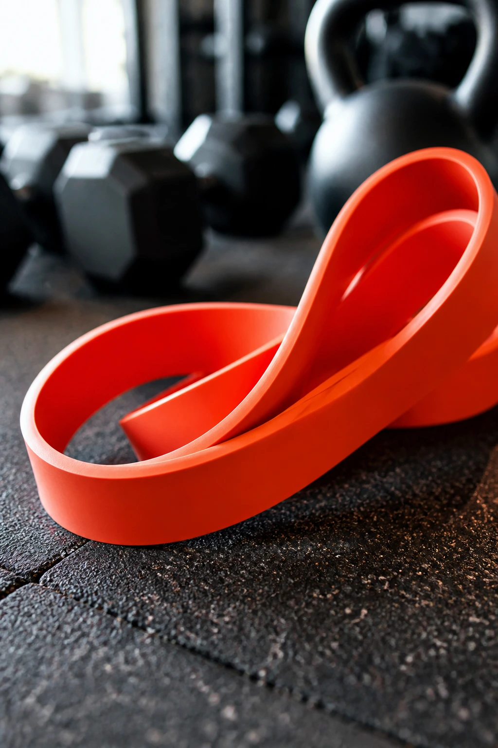 Bright resistance band filling the frame on gym mat