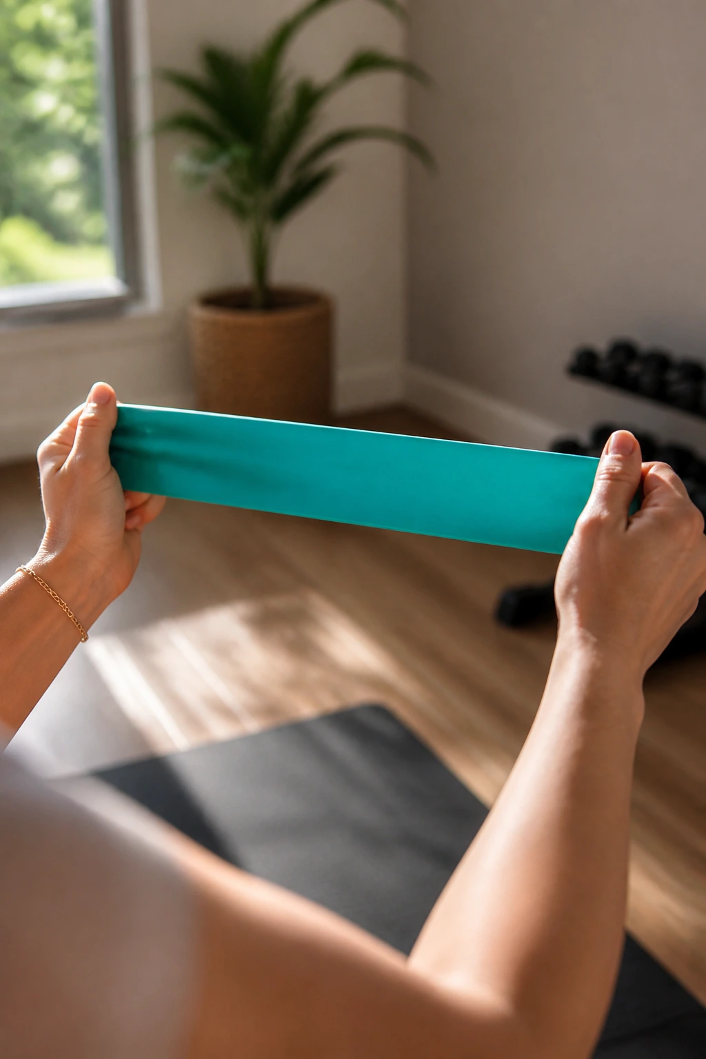 Close-up of a resistance band stretched taut in a bright home gym
