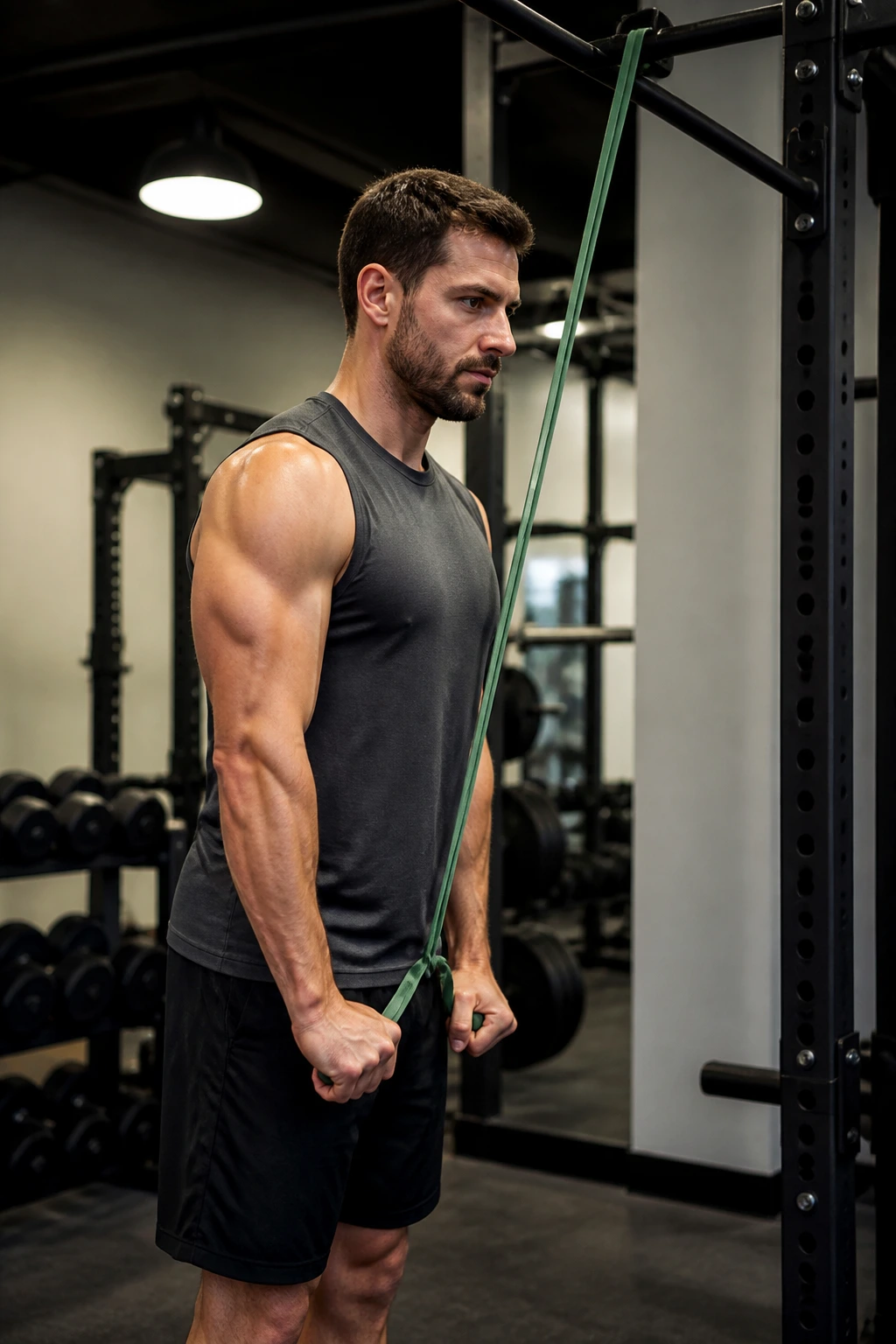Mid-shot of a person performing resistance band pressdowns with elbows pinned