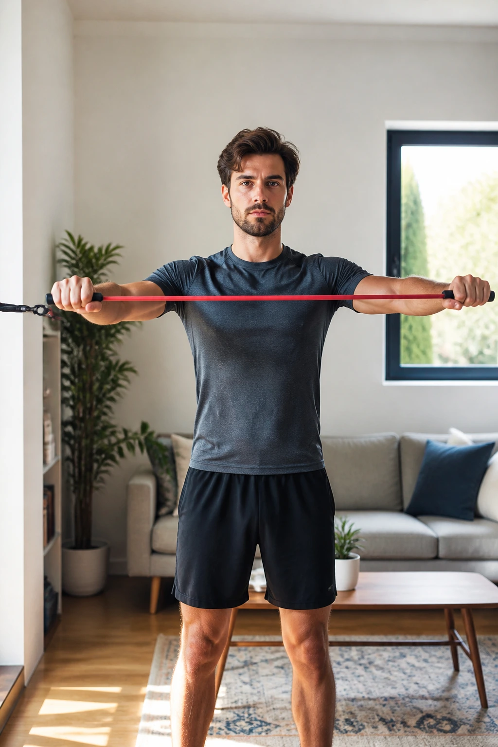 Person doing resistance band pull-aparts in living room