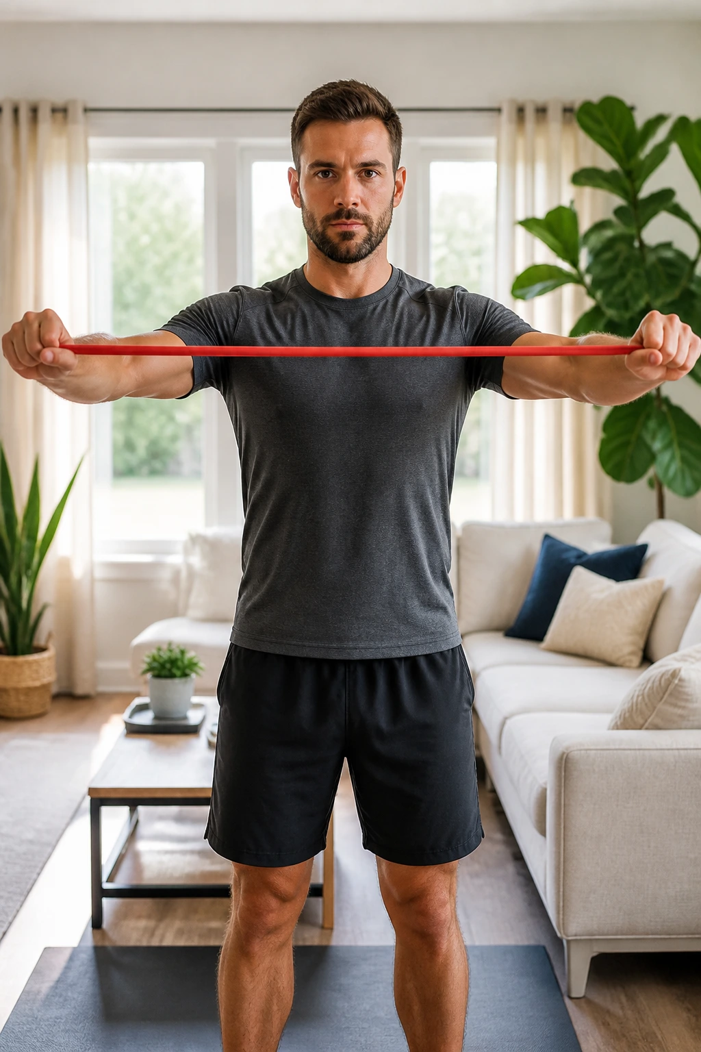 Person performing resistance band pull-apart with arms extended