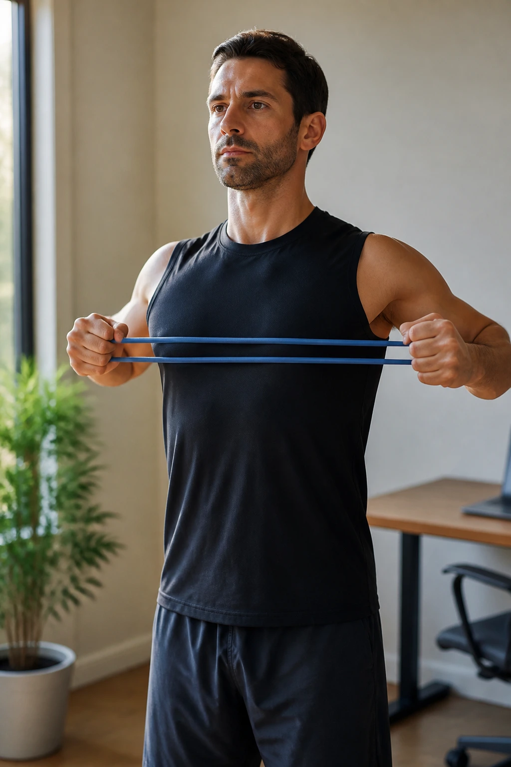 Person performing resistance band pull-aparts with shoulders back