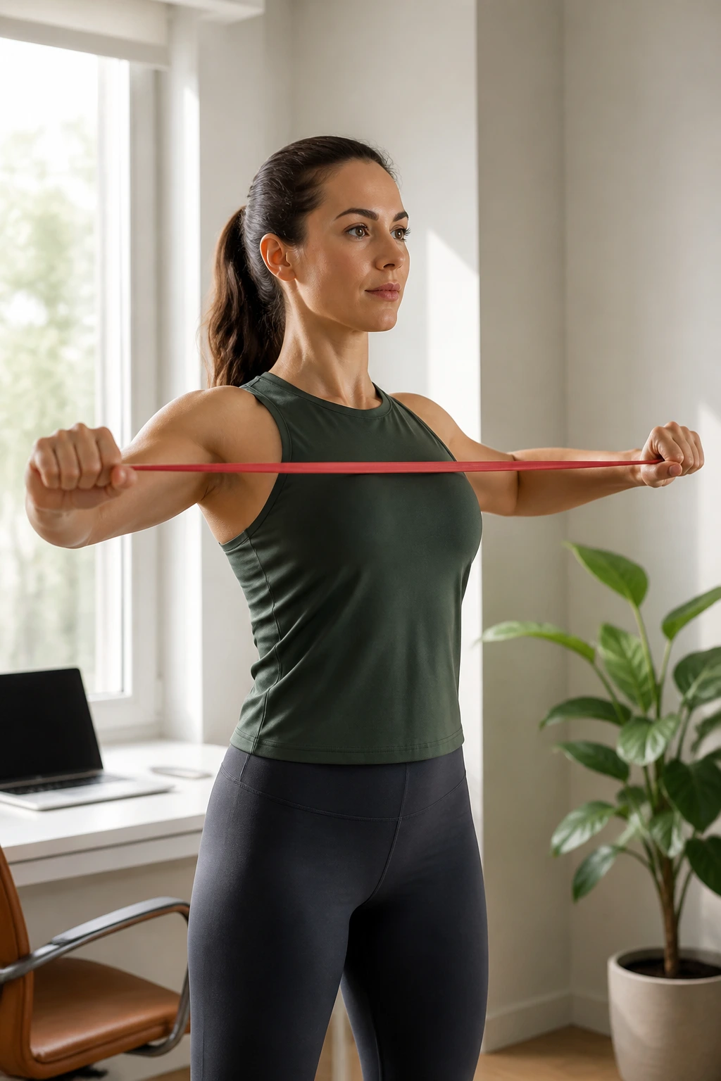 Person performing resistance band pull-aparts with band stretched to the sides