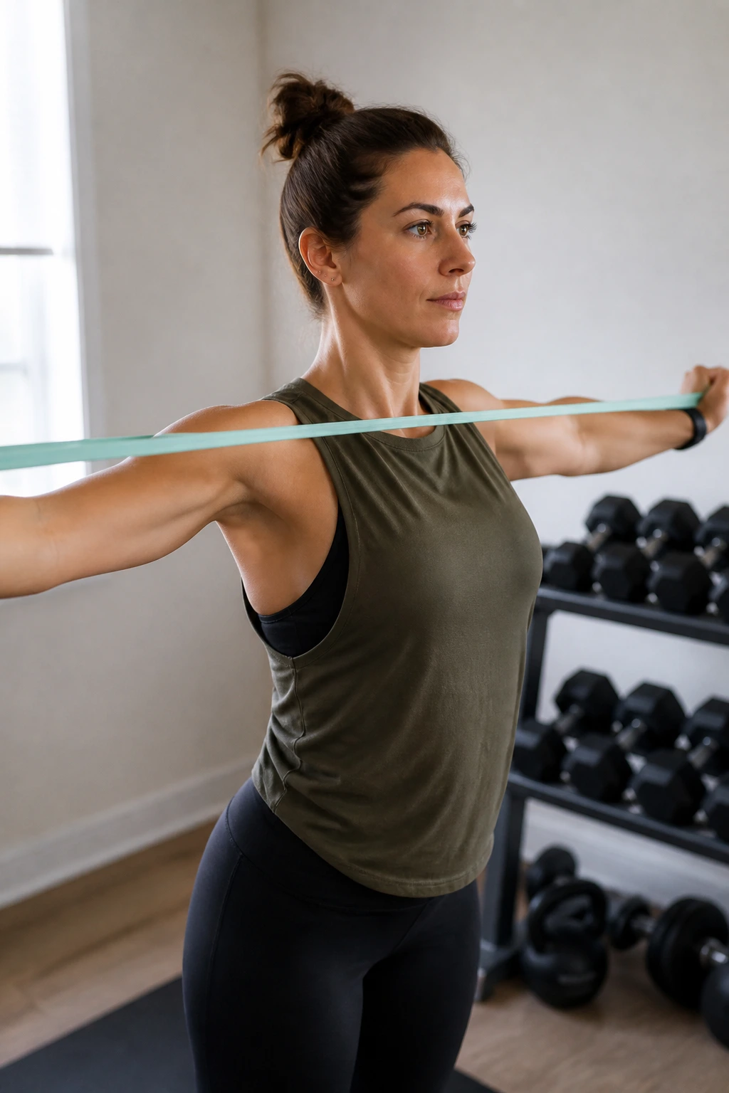 Upper body pull-apart using light resistance band in home setting