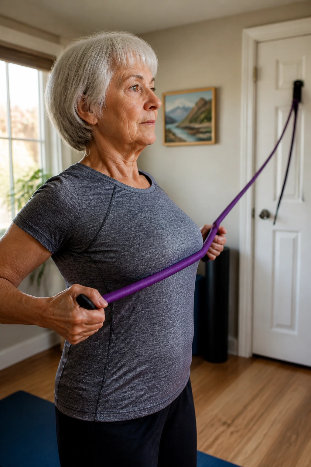 Medium close-up of a person doing a resistance band row in a home gym corner