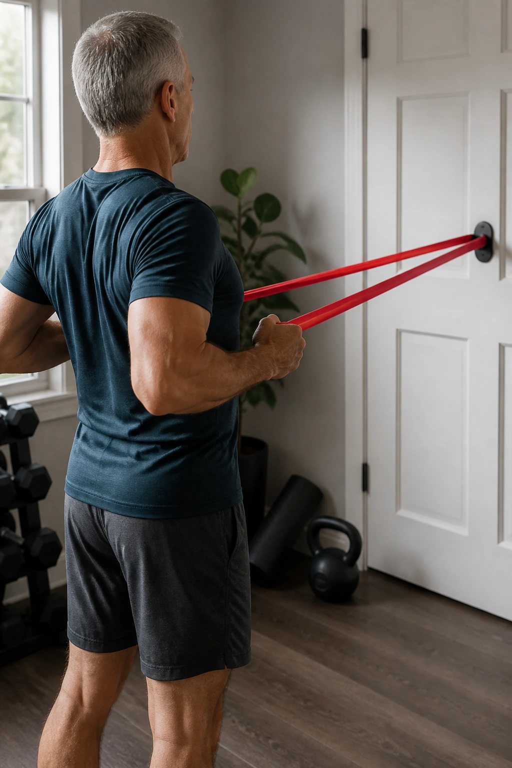 Person performing a band row at home, upper back engaged