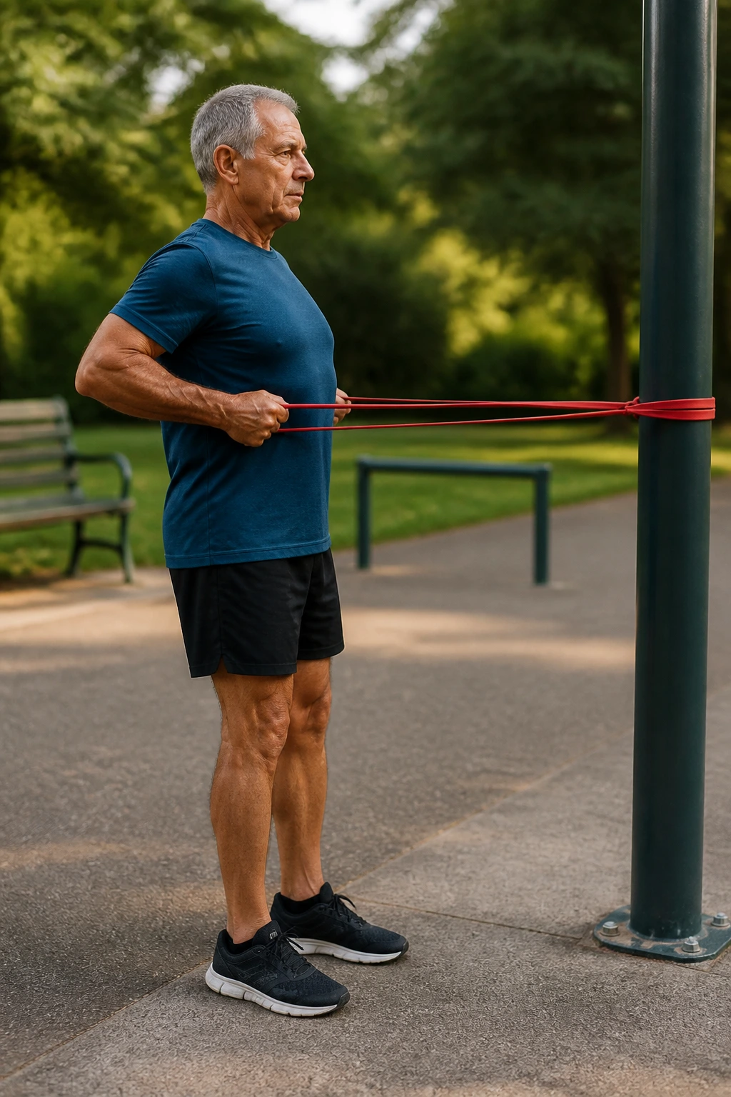 Senior performing resistance band row around a post in a park