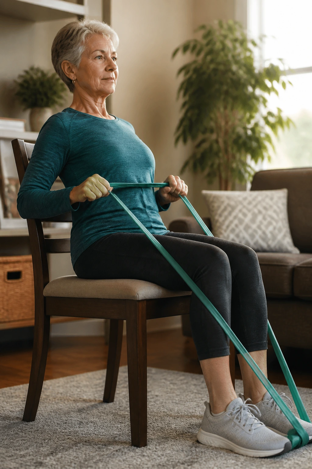 Senior performing resistance band rows at home, back engaged and shoulders drawn back.
