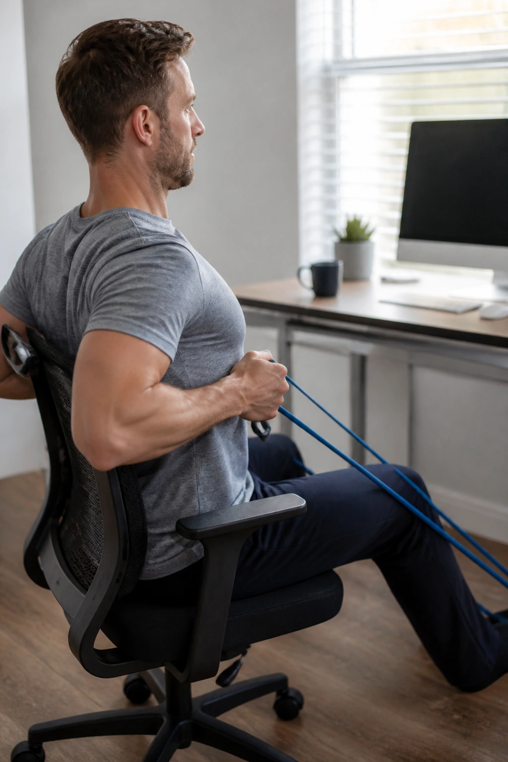 Person performing seated resistance band rows with elbows back and shoulders engaged.