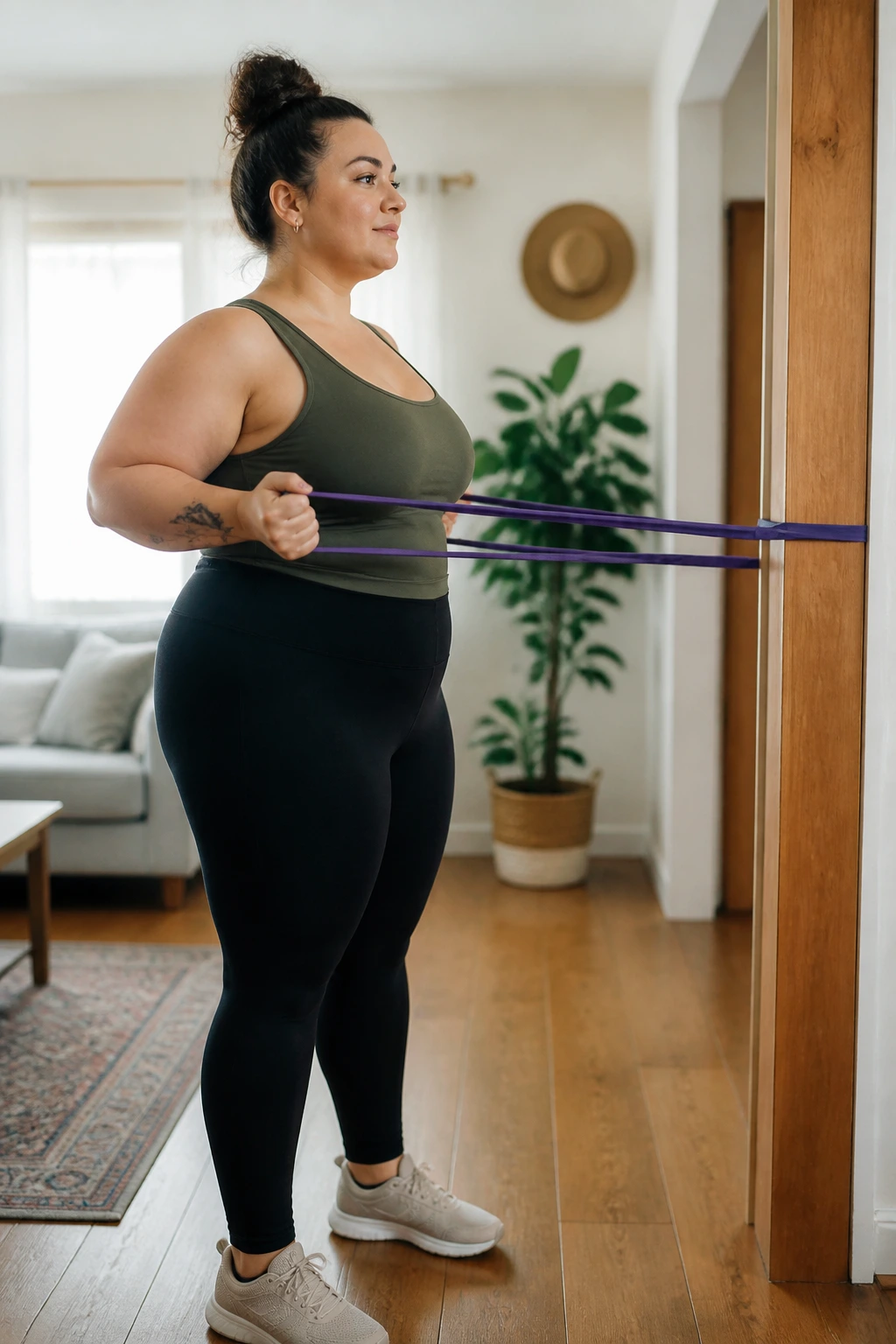 Mid-shot of a person performing resistance band rows in a room with a visible anchor