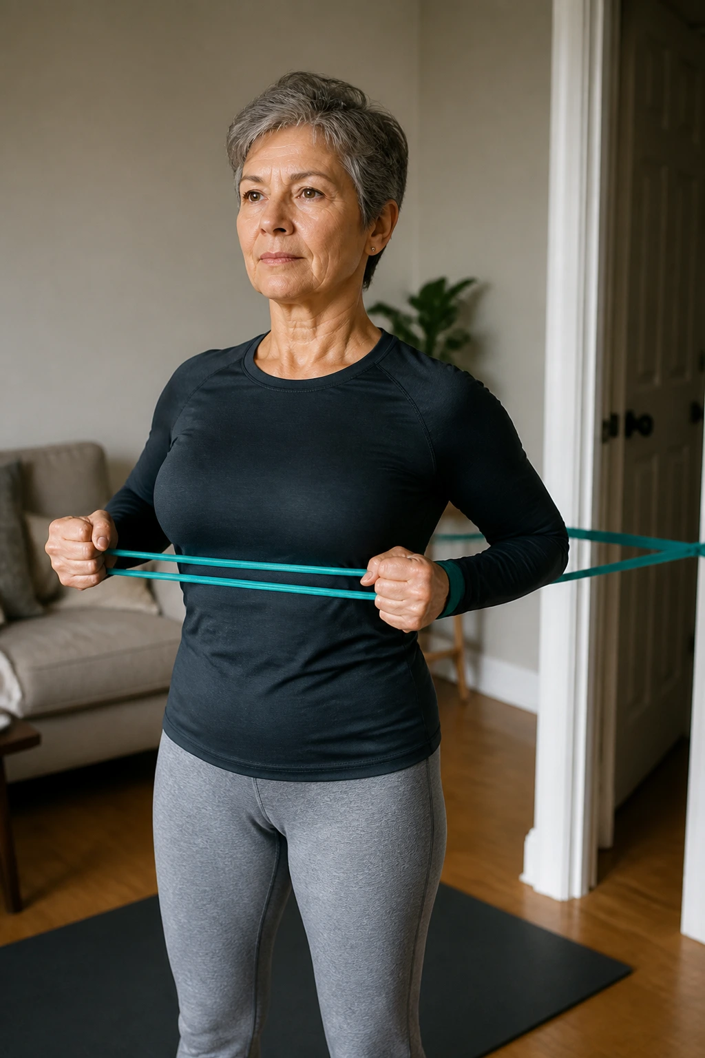 Upper back and arms engaged during resistance band rows in a home setting.
